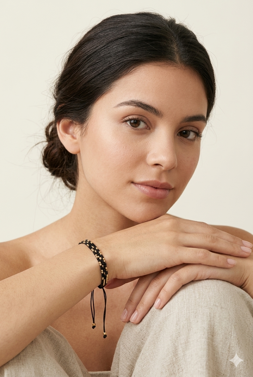 Pulsera Miyuki en Técnica Peyote – Elegancia en Negro y Dorado