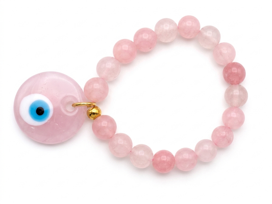 Pulsera de cuarzo rosado con dije ojo turco rosado