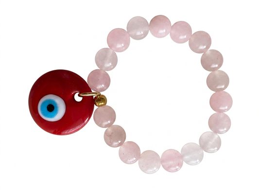 Pulsera de cuarzo rosado con amuleto ojo turco rojo